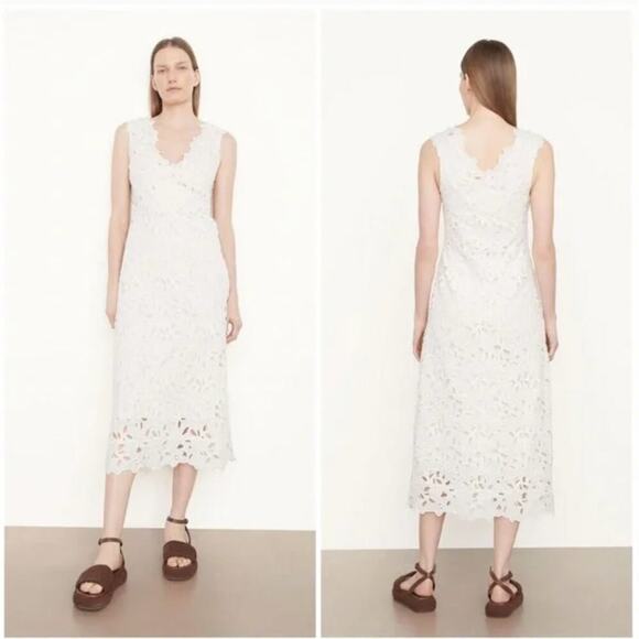 NEW $595 Vince Guipure Lace V Neck Cream Midi Dress - Picture 2 of 5